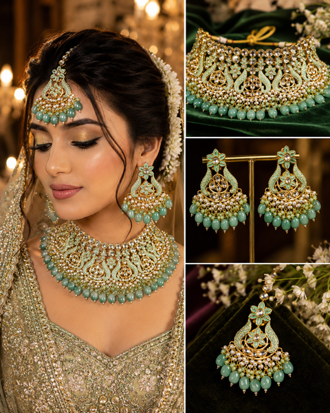 Turquoise colour Beautiful meenakari work with Kundan Stones necklace set(slight variation in color and design is possible)