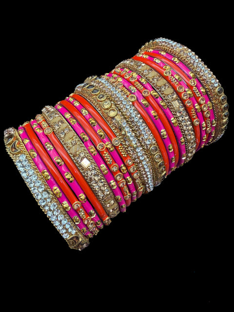 Hot Pink & Orange Glass bangles with golden brass bangles set with latkan kade set(displayed picture is for both hands set) price is for whole set displayed in picture)