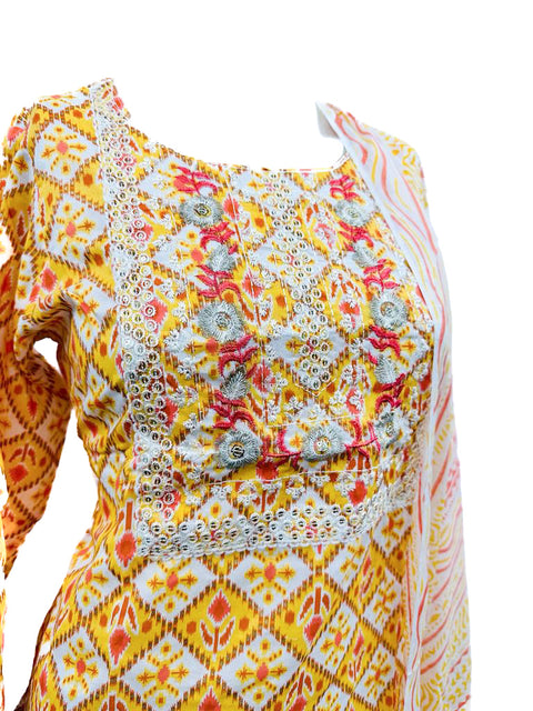 PURE & SOFT COTTON BASED DESIGNER EMBROIDERED & PRINTED WORK KURTI WITH PLAZO PANTS & DUPATTA