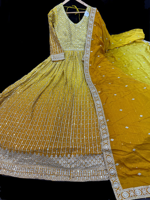 (Video clip attached)Ombre shades Chinnon Based bridal style heavy design stones work With heavy embroidery Work at front and back Designer Flared Kameez /Gown And Chinnon  Based Embroidery Work heavy Dupatta