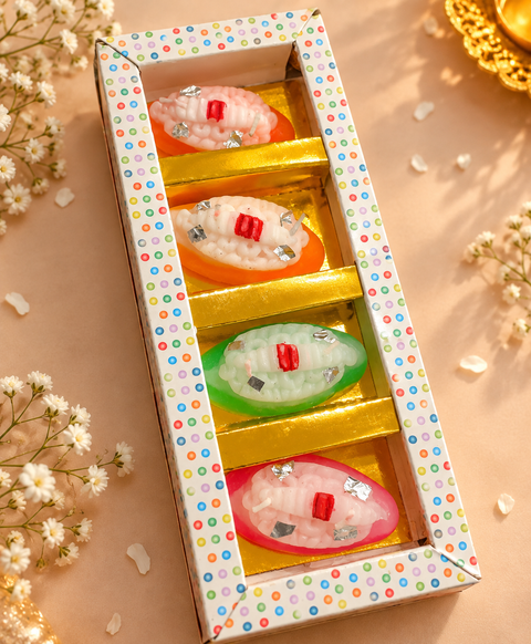 Cham Cham -Inspired Candle Set with silver foil-style detailing, perfect for Diwali décor, pooja and gifting. Slight variation in shape or finish may occur