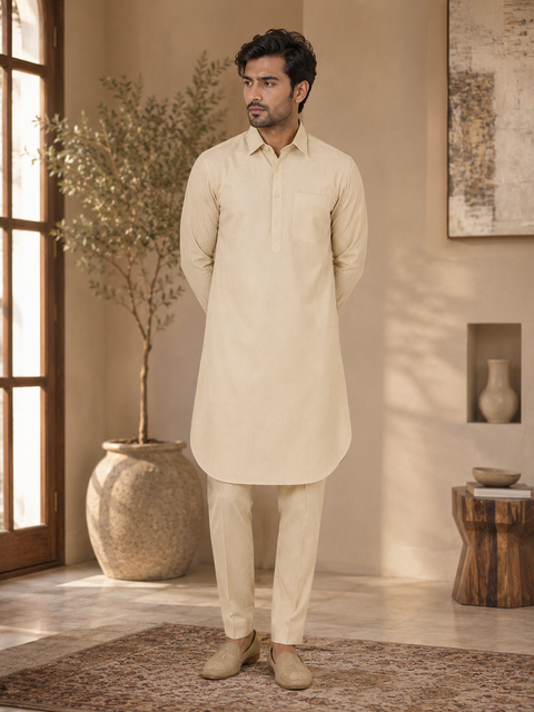 Cotton linen based Men’s kurta with Pants (slight variation in color and design is possible )