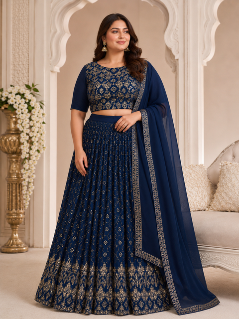 Plus size Georgette based heavy sequined work designer blouse with sequined work lehnga and georgette based dupatta(slight variation in color and design is possible )