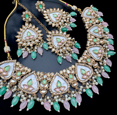 Original Polki stone with pearls beaded work beautiful necklace with earrings and tikka set