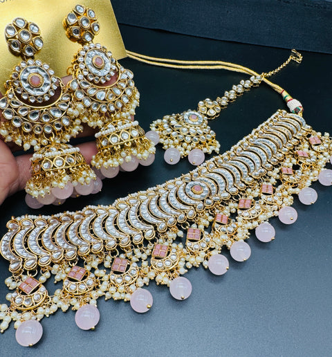 Kundan with pearls work beautiful heavy work choker necklace with designer Jhumka Earrings and Tikka