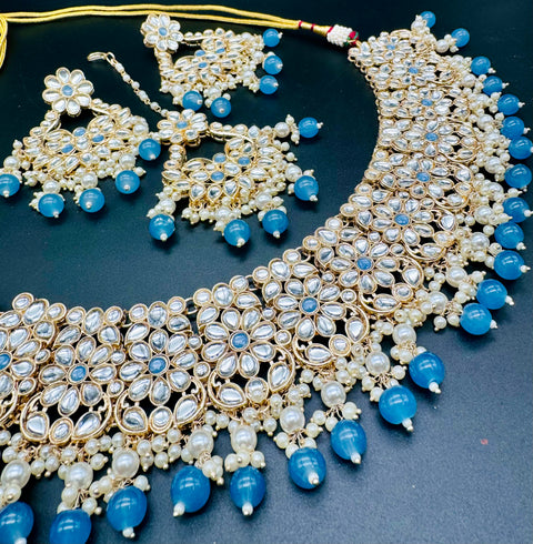 Kundan studded & pearls work designer heavy work Necklace set with beautiful Earrings & Tikka