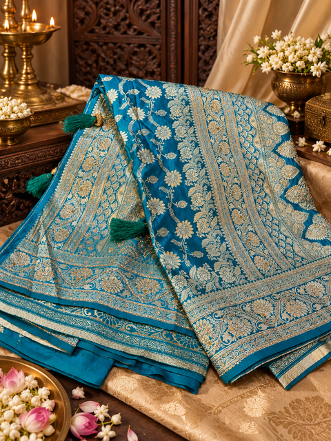 Elegant Soft Banarasi Silk Saree featuring rich woven detailing with sparkling stone work,beautifully heavy stone-work pallu.Comes with an attached blouse piece.Blouse worn by the model is for reference only.Slight variation in colour and design may occur