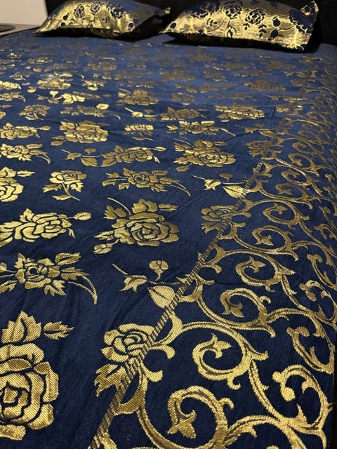 Roses Print Velvet golden zari Work Bed Sheet (275cm x 265cm)king size King Size Bedsheet With Double Pillow Cover