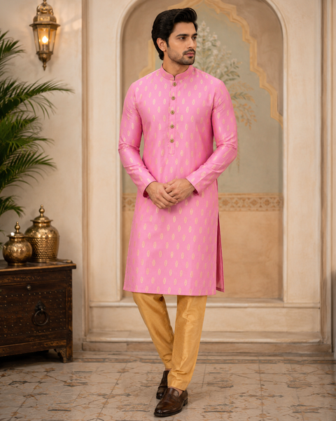 Soft Silk based Heavy brocade work designer Kurta with golden Pajama (slight variation in color and design is possible)