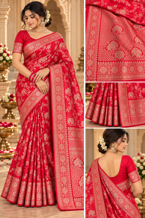 Luxuriously soft silk saree with a smooth, lightweight feel and beautifully flowy drape. Featuring rich woven zari floral motifs and an elegant detailed border .Blouse piece included. Slight variation in colour and design is possible.