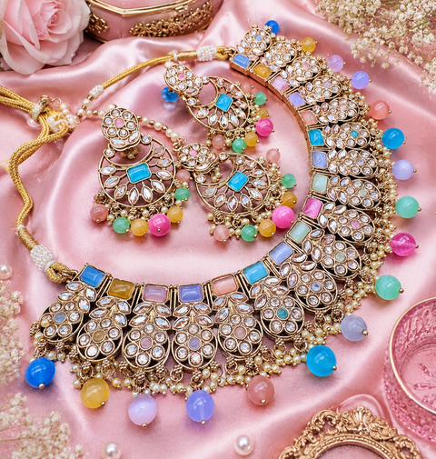 Original Polki stone with pearls beaded work beautiful necklace with jhumka and tikka set