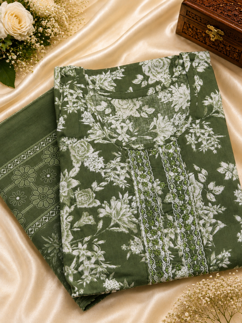 Elegant olive green floral straight suit in soft cotton fabric, featuring delicate neckline detailing, printed pants and a matching dupatta.Slight variation in color & design may occur