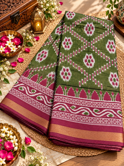 Soft silk blend saree with a flowy drape and elegant ikat-inspired weave. Contrast teal zari border adds a graceful look.Blouse piece attached. Slight variation in color/design may be possible.
