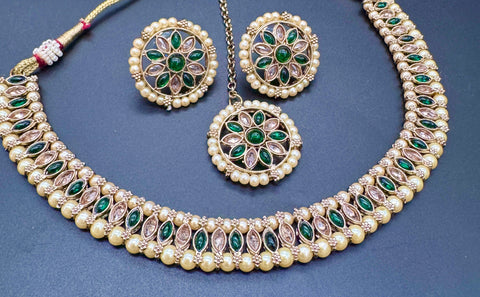 Polki And Pearls Work Beautiful Necklace Set With studs & Tikka