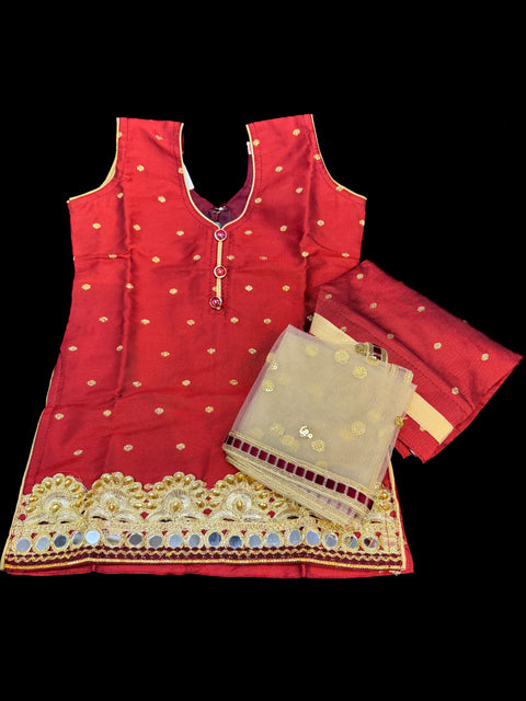 Maroon colour silk based dot print kids punjabi suit