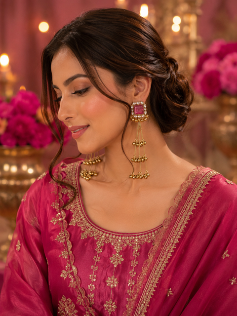 Lite Pink color Elegant Kashmiri earrings featuring gemstone studs with delicate ghungroo detailing for a graceful look ✨(slight variation in color and design is possible )