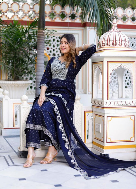 Cotton Rayon based printed work with mirror design flare kurti with plazo pant & Pure chiffon dupatta with lace border