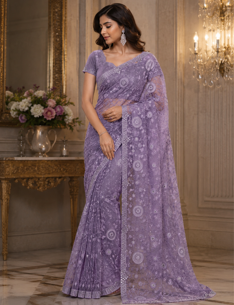 Stone Work & Embroidery Jaal Work Beautiful netting Designer Saree and embroidery work blouse piece Comes with an attached matching blouse piece, blouse worn by the model is for reference purposes only(slight variation in color and design is possible)