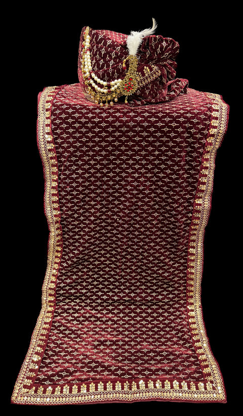 Dark Maroon colour velvet based golden printed Dulha Pagdi With dupatta set