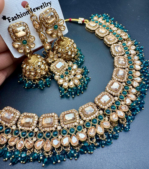 Polki stone with pearls beaded work beautiful necklace with jhumka and tikka set