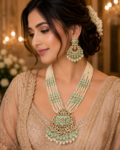 Pearls work with kundan stone & Meenakari work beautiful Rani haar /long necklace set with beautiful Earrings(slight variation in color and design is possible )