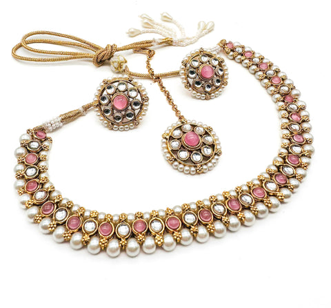 Kundan and Pearls work beautiful necklace set with Jhumka & Tikka