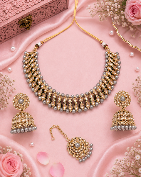 Golden stone with grey color pearls studded simple Necklace with beautiful Jhumka & Tikka set(slight variation in color & design is possible )