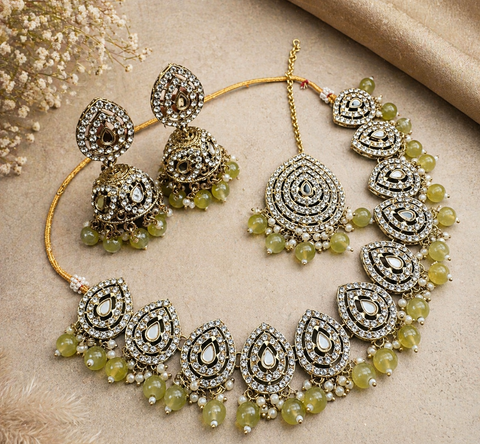 Jerkan stone with pearls beaded work beautiful necklace with jhumka and tikka set