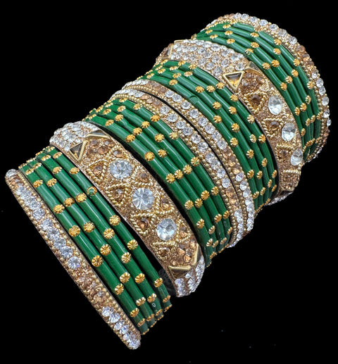 Hot Pink and Green Glass bangles with golden brass bangles set (displayed picture is for both hands set) price is for whole set displayed in picture)