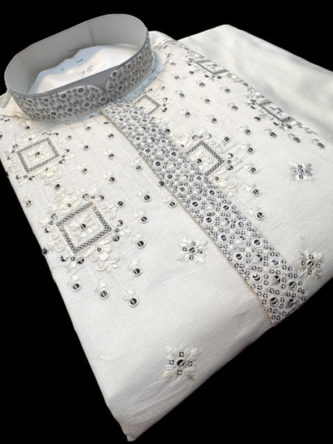 Malmal Rayon based very soft beautiful embroidery work at front and back & on sleeves with sequins work designer Kurta & Pajama