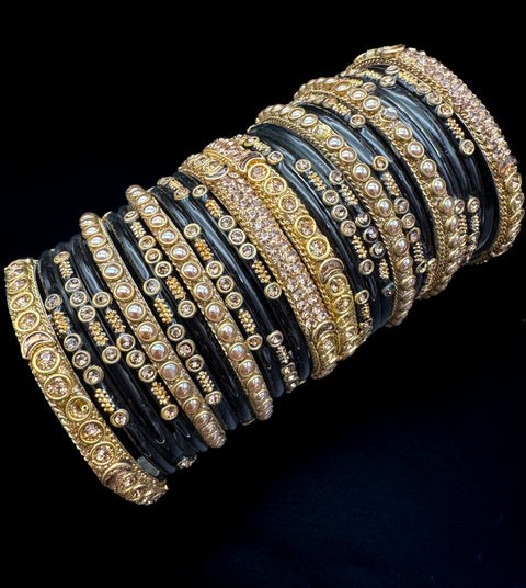 Black & Gold Glass bangles with golden brass bangles set with latkan kade set(displayed picture is for both hands set) price is for whole set displayed in picture)