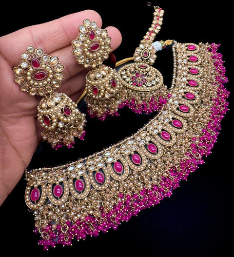 (Video clip attached) Heavy work Semi bridal style Polki stone with pearls beaded work beautiful necklace with jhumka and tikka set