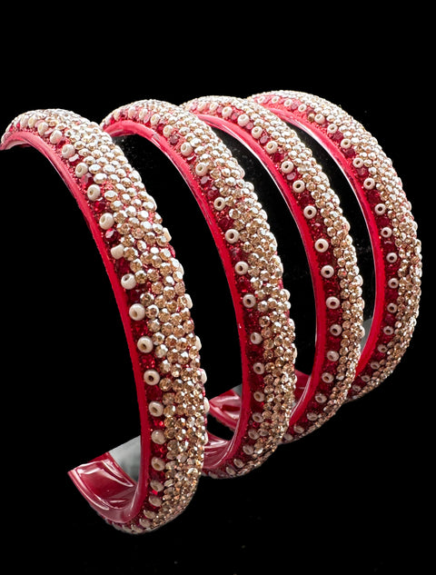 Bright Red color Golden jerkan Stone with pearls beaded beautiful Glass kade set (4 Kade in 1 pack ) Price per pack