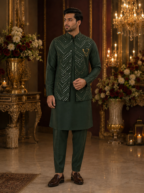 Mirror work Jacket with Raw Silk based Kurta & Pants (slight variation in color and design is possible)