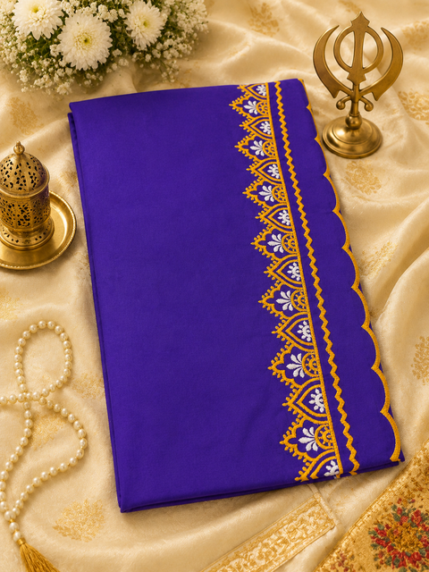Elegant Hazoori Saropa crafted in rich royal blue fabric, adorned with traditional white and yellow embroidery and a delicate scalloped border.Size (around 216cms lenth / 84 cms wide)