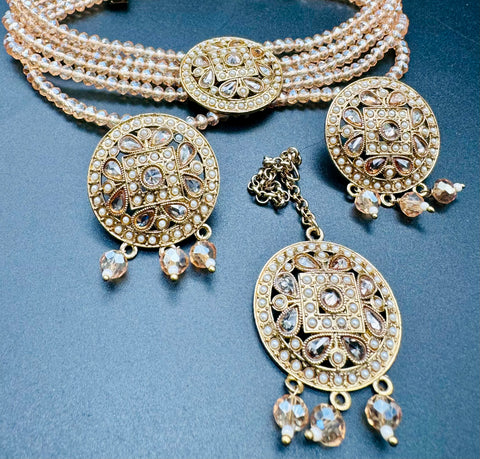 Beautiful pearls with stone beaded choker necklace with small studs with Tikka