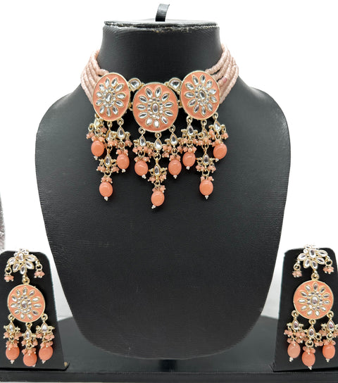 Meenakari with Kundan studded & pearls work designer Choker Necklace set with lite weight Earrings