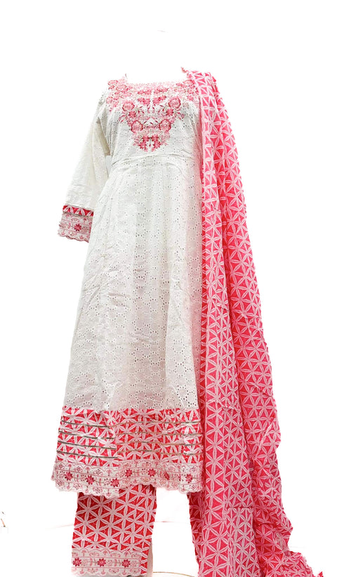 Pure Cotton Based Chikankari Work With Grey Colour Embroidery Work Flared Kurti With Pents & Dupatta