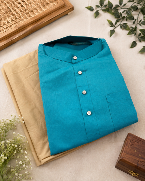 Teal Colour Cotton Kurta with White Pajama (slight variation in color and design is possible )