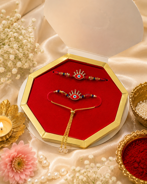 Beautiful Bhai-Bhabhi Rakhi Set featuring elegant stone work with delicate bead detailing and a stylish Bhabhi bracelet. Comes in a beautiful premium gift box, perfect for Raksha Bandhan.