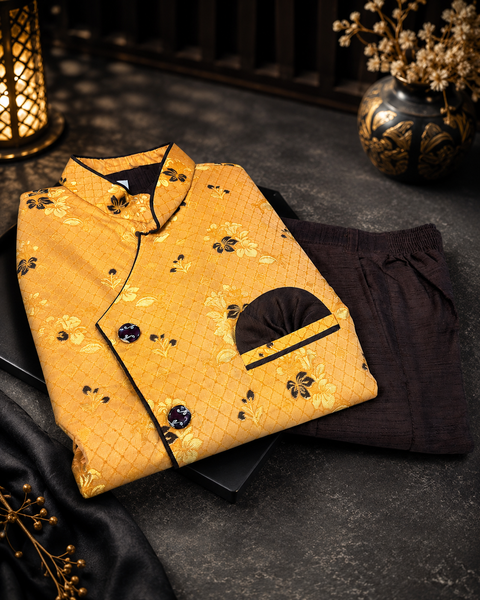 Dark Brown colour silk based kurta with pants  & brocade jacket (slight variation in color and design is possible)