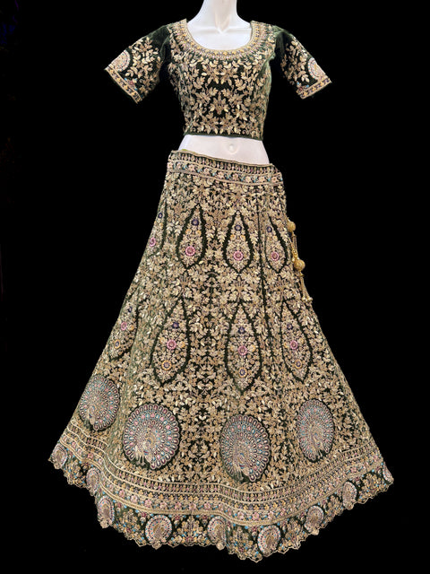 (Clip attached S-40(44))Green colour velvet based beautiful embroidery work with heavy squined & stones work very heavy 3 layered ken ken super heavy Designer Bridal Lehnga with heavy tessels attached to blouse & Lehnga & heavy work lace beaded dupatta