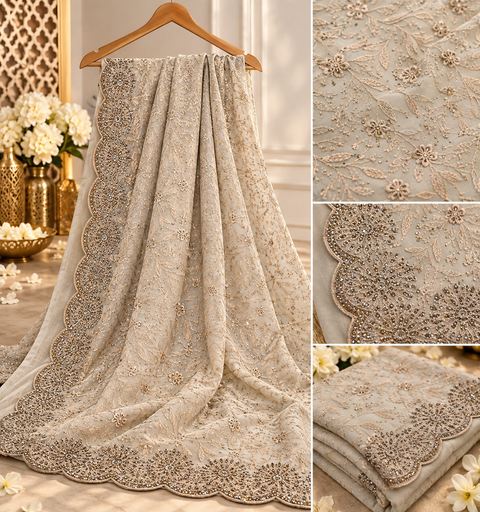Mushroom Beige pure georgette saree with Kashmiri-inspired soft thread floral embroidery and delicate stone work all over. Finished with a beautifully detailed scalloped border for a rich, elegant look.