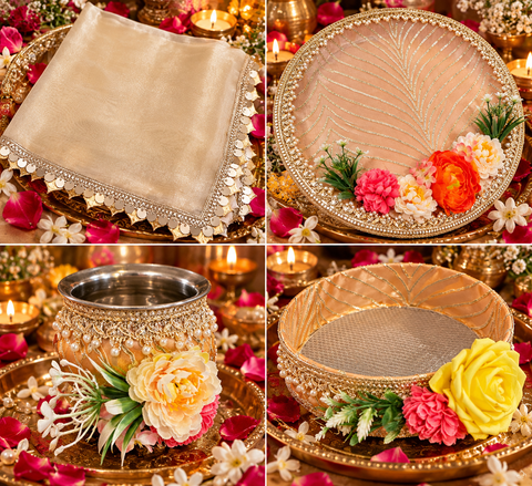 Elegant Karwa Chauth Thali Set in a peach-gold theme with floral accents, pearl detailing and matching thali, channi, kalash and cover cloth. Slight variation in colour and design is possible.