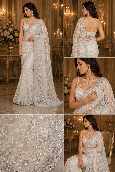 Bollywood style heavy work designer Saree with netting base fabric and stones with mirror work design all over with embroidery work (Blouse Piece Worn By Model Is For Reference Only, Blouse Piece Attached To Saree) Slight Variation In Color And Design)