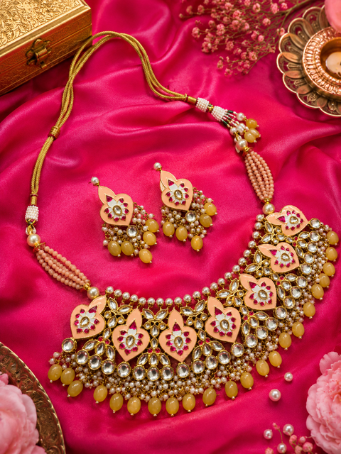 Pastel peach and pastel yellow golden colour beautiful meenakari work with kundan stones & beads pearls necklace set(slight variation in color and design is possible)
