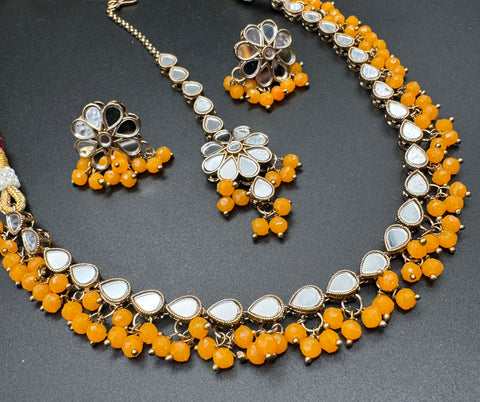 Beautiful pearls with mirrors beaded necklace with jhumka and tikka