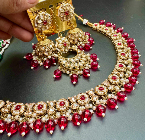 Original Polki stone with pearls beaded work beautiful necklace with jhumka and tikka set