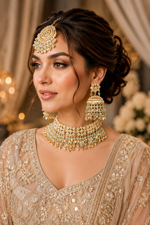 Pastel mint  Pearls Jadau Pipal Patti Punjabi Set With Jhumka & Tikka(slight variation in color and design is possible)