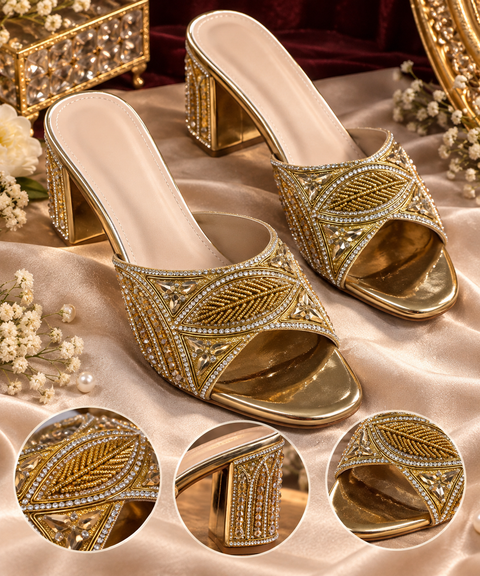 Dark-gold embellished heels with intricate hand embroidery, sparkling stonework and a statement block heel. A classy festive pair that adds the perfect touch of glamour to any outfit.